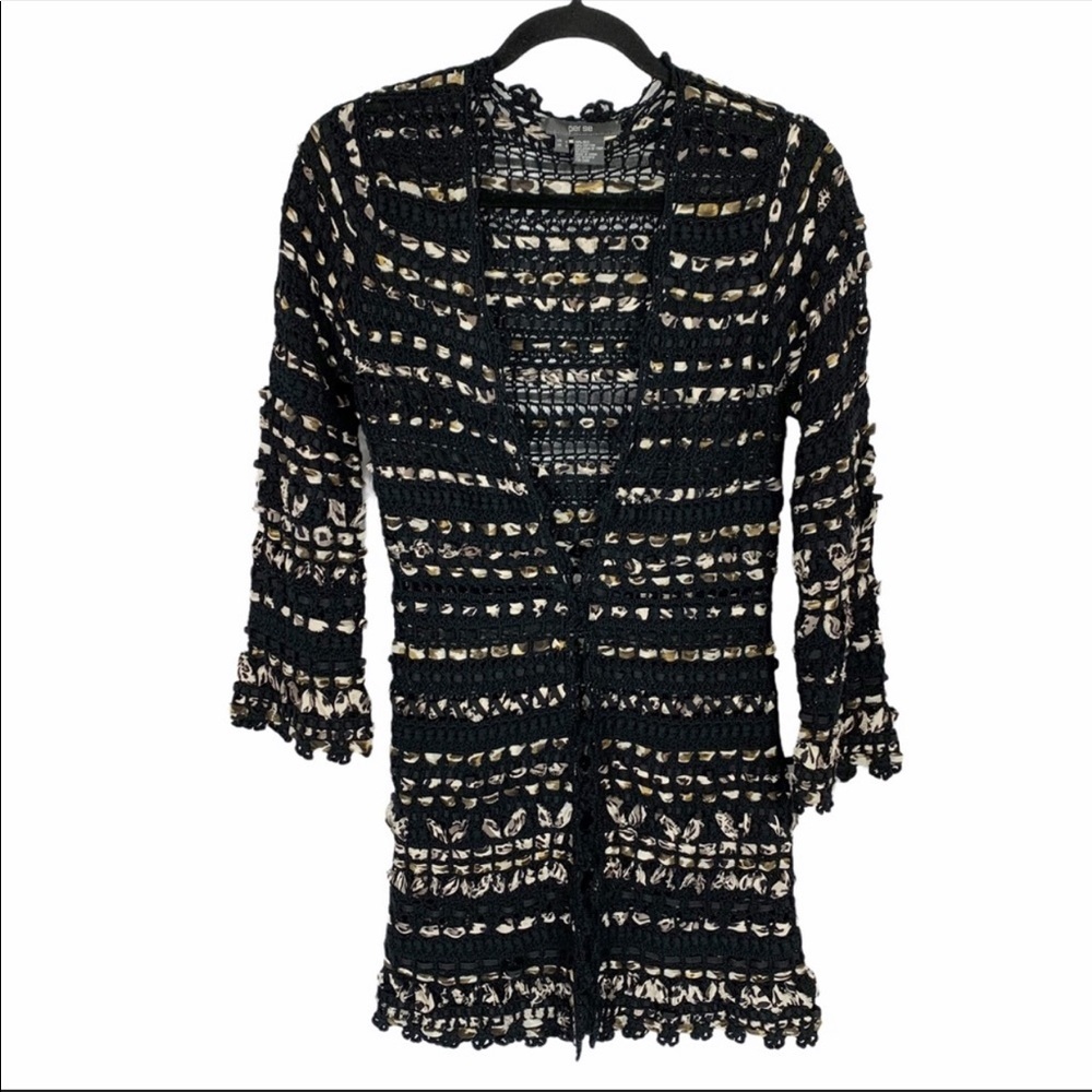 Per Se Ribbon Boucle Woven Open Silk Weave Cardigan Duster Small